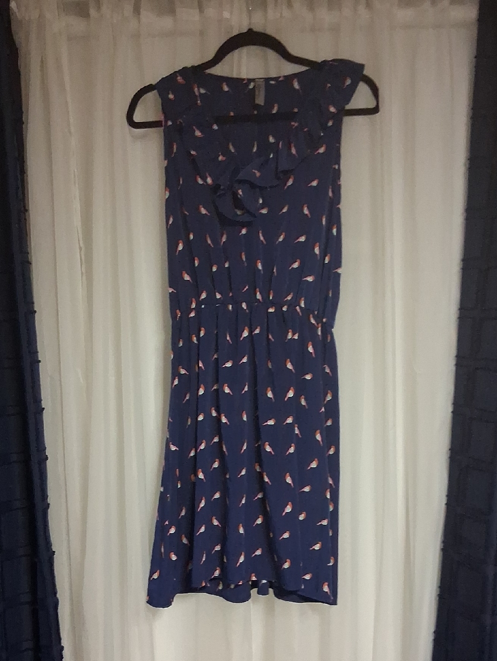Navy Midi Dress with Bird Print and Ruffle Neck